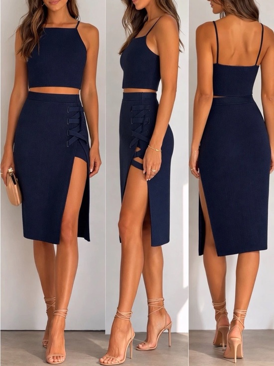 Jonathan Simkhai Dresses & Skirts - NWT Jonathan Simkhai Straight Laced Skirt Crop Tank Top Outfit Stretch Knit Navy